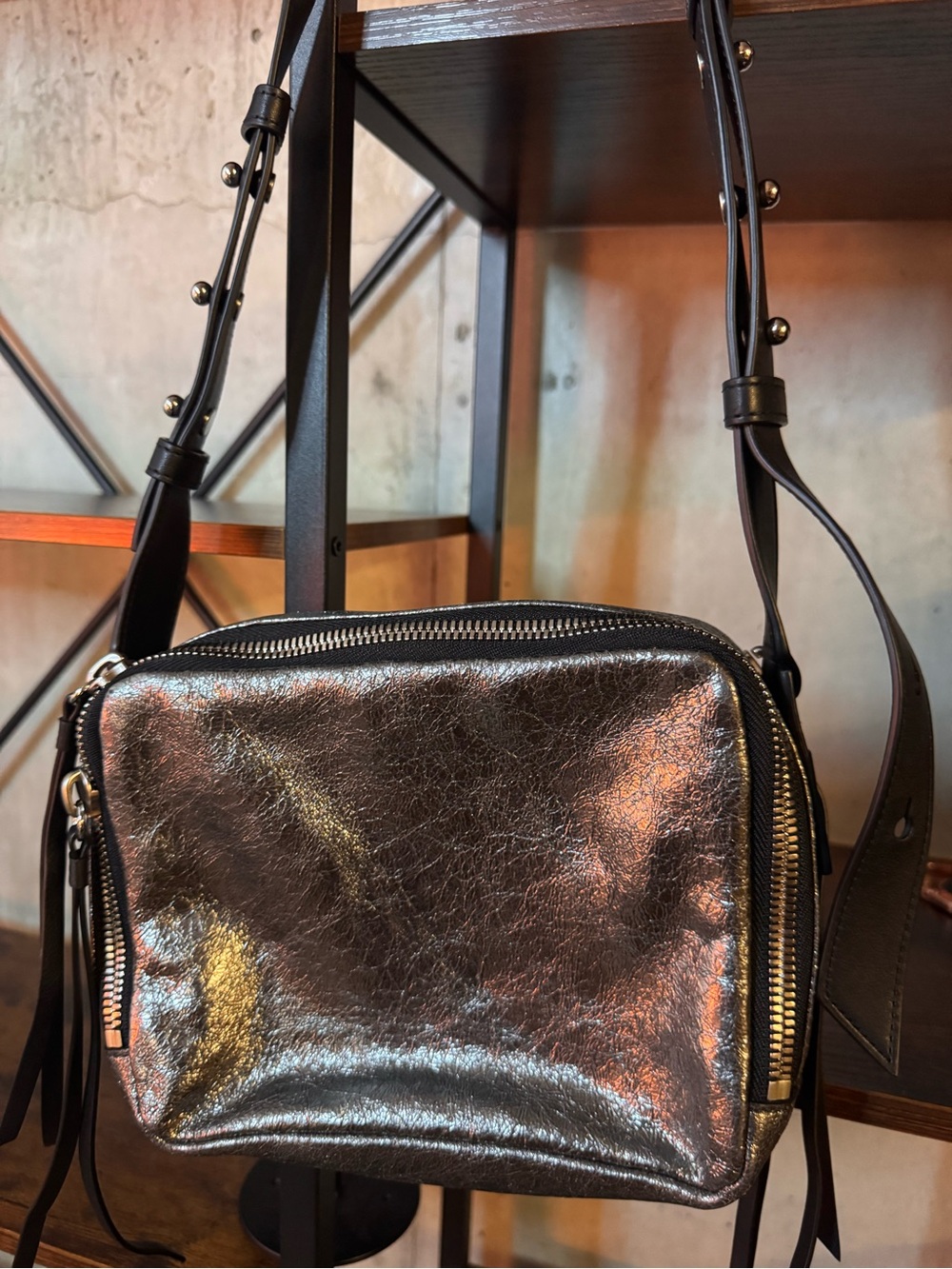 Allsaints Gunmetal Metallic Leather & Black Leather Accents Crossbody Bag